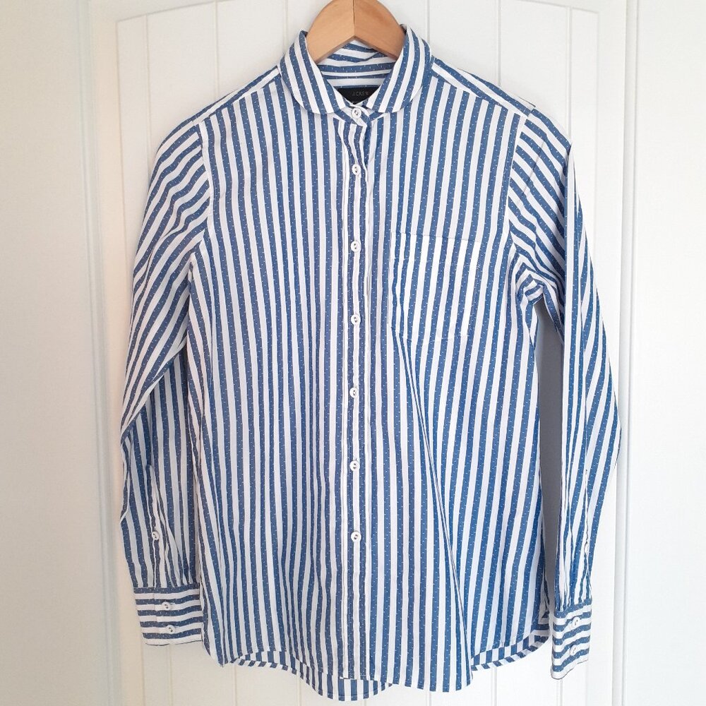 J. Crew Striped & Dot Long Sleeve Button Up Boy Fit Shirt Blue White Size 2